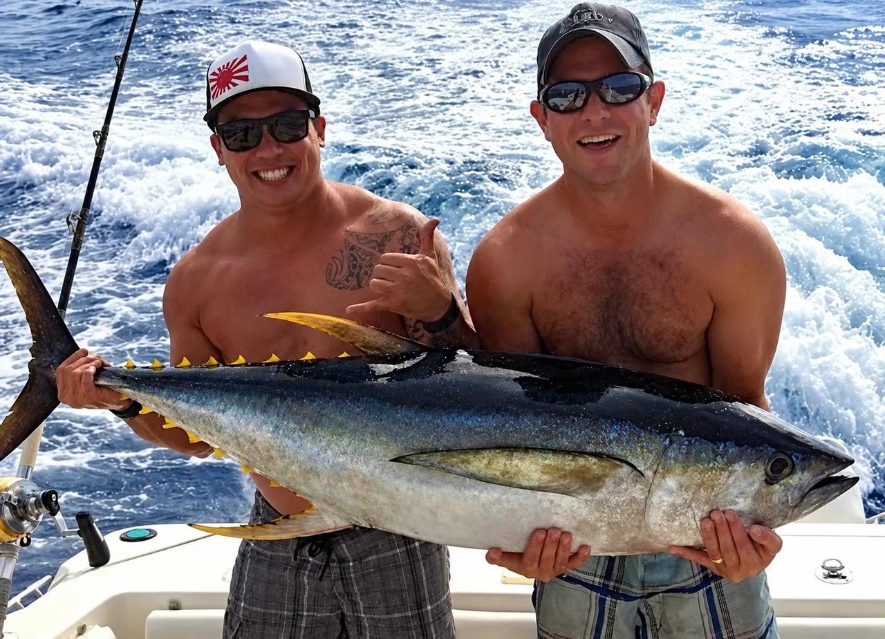 Two anglers holding a large yellowfin tuna aboard a Kona fishing charter