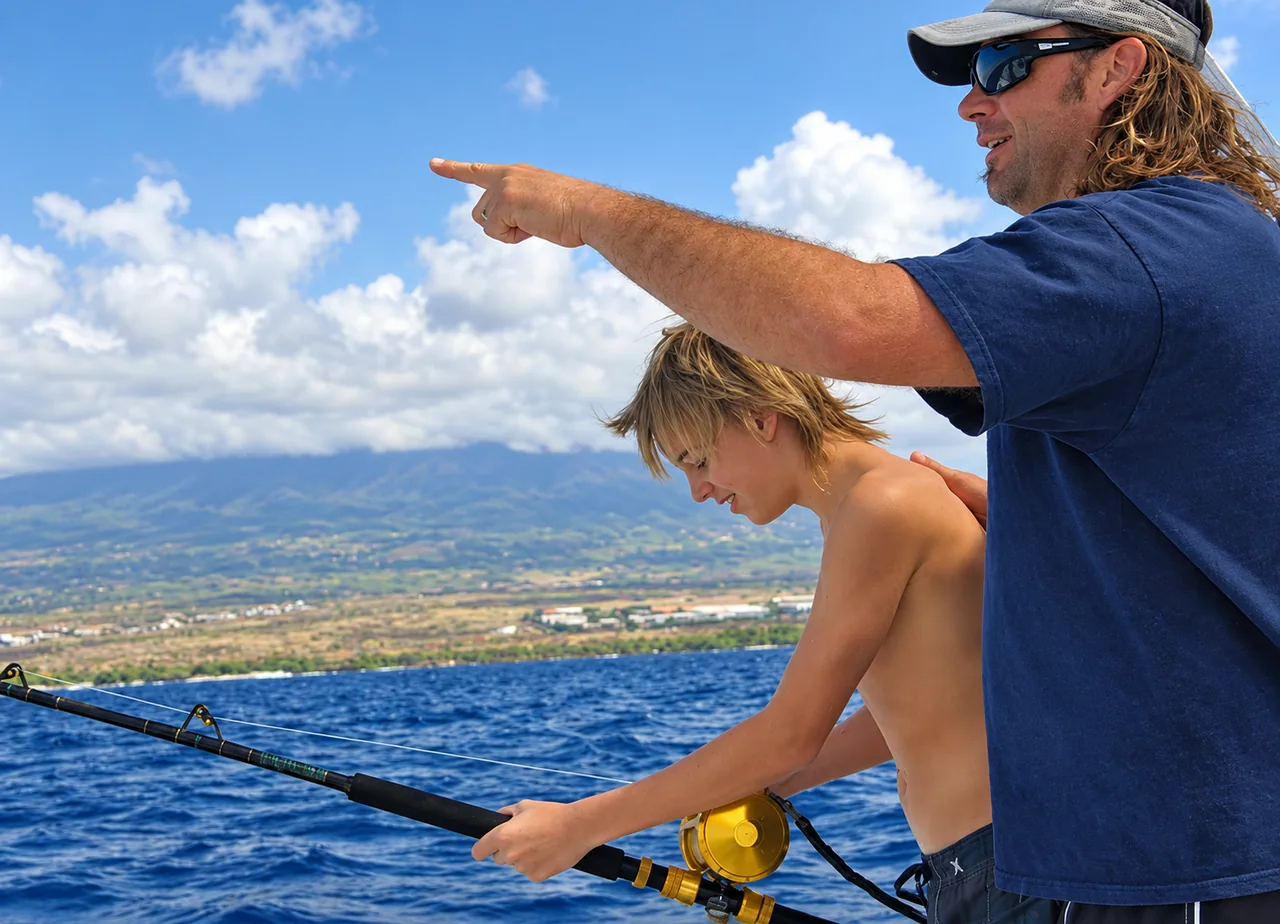 Captain pointing along the Kona coastline while a young angler holds a fishing rod