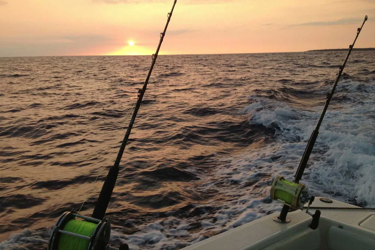 Miss Mojo: two fishing rods are on a boat in the ocean at sunset